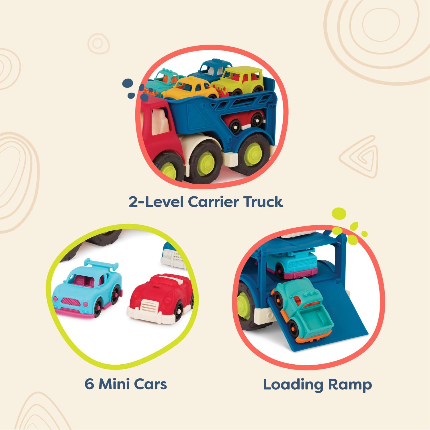 B. – Camión portador de automóviles – Portacoches de juguete – 2 mini autos – Camiones de juguete para niños pequeños, niños – 12 meses + – Happy