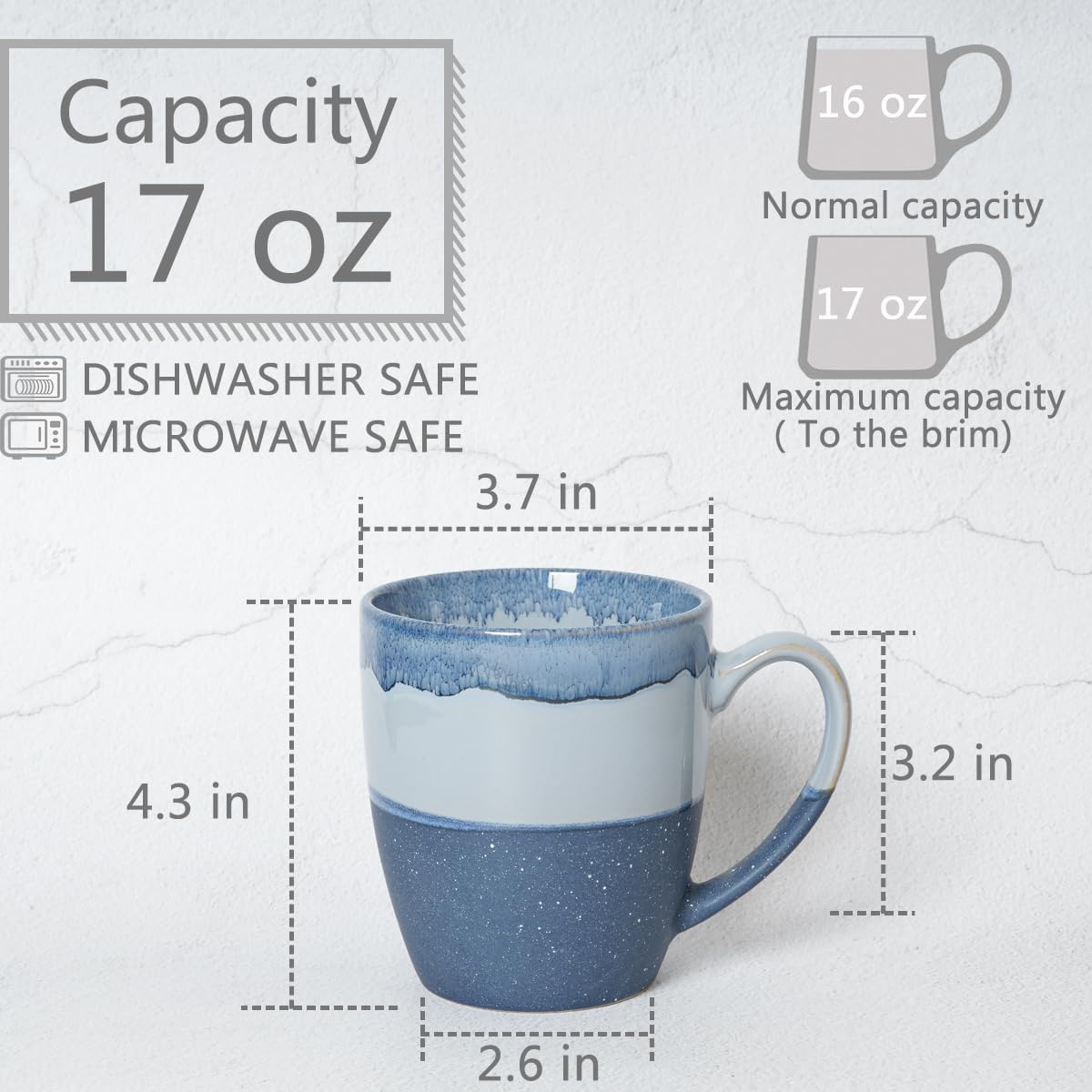 Bosmarlin Juego de 4 tazas de café de cerámica, 17 onzas, tazas de café azules con mango grande, aptas para microondas, esmalte reactivo único