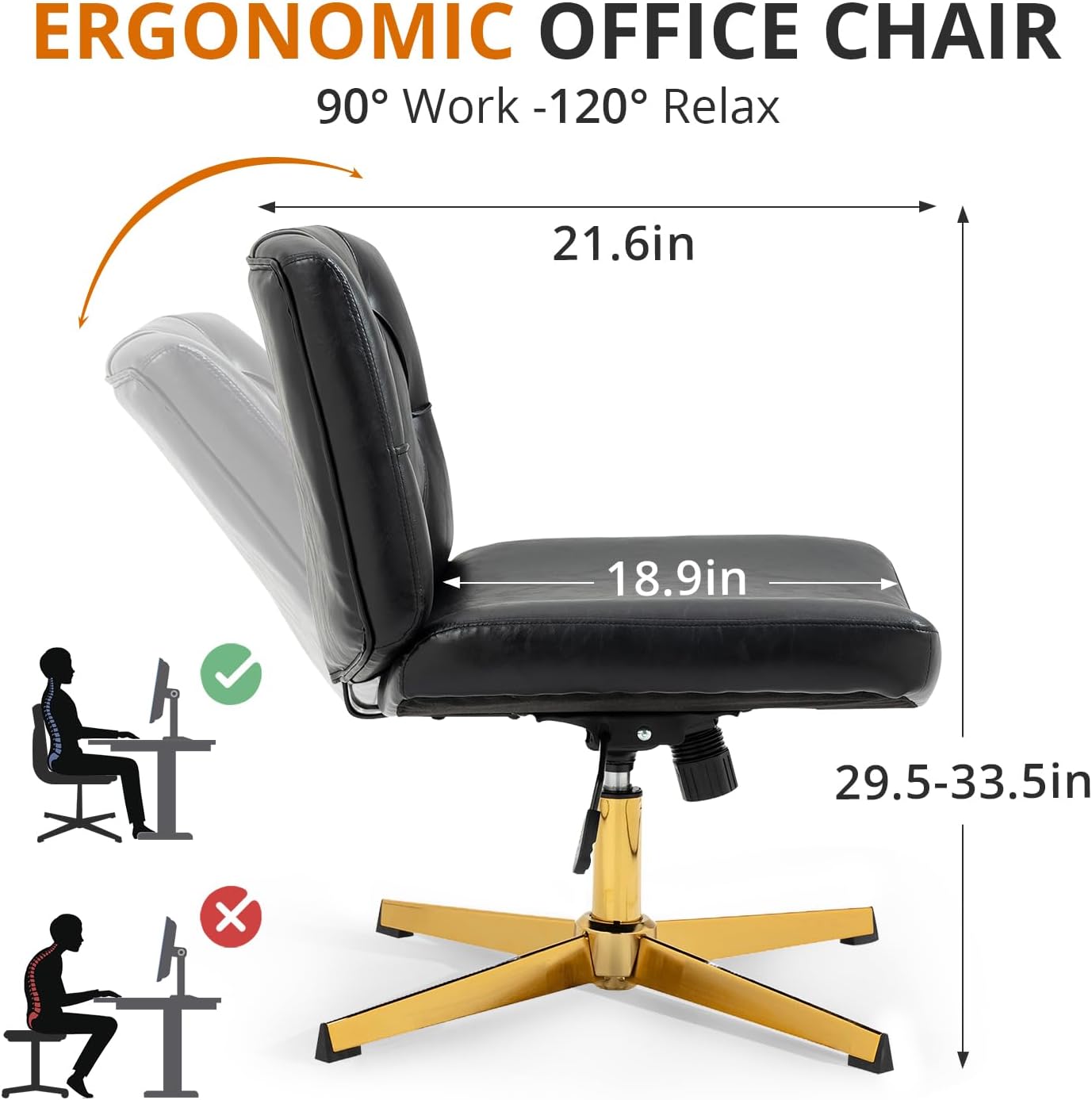 TURRIDU Silla giratoria sin brazos para oficina en casa, patas doradas cruzadas, sin ruedas, asiento ancho de piel sintética, respaldo medio, silla