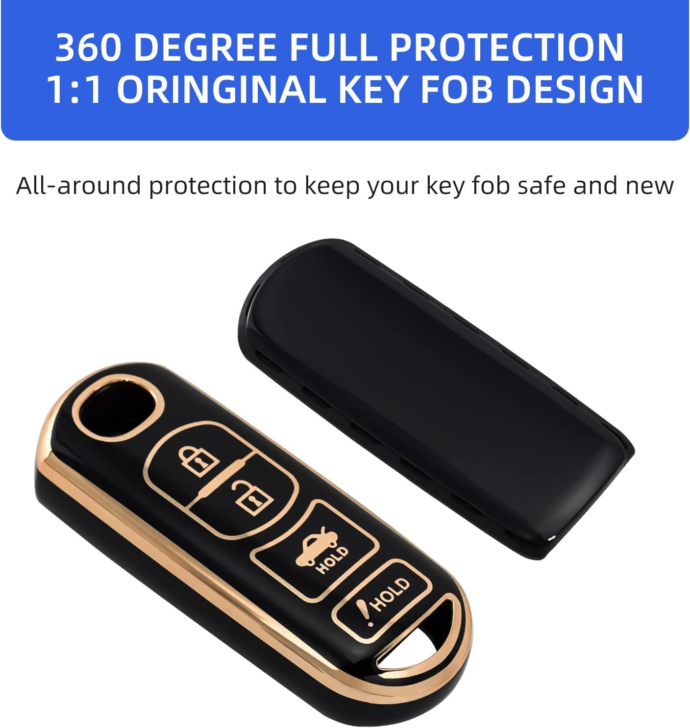 OFFCURVE Funda para llavero de coche compatible con Mazda A, Oro Negro+llavero