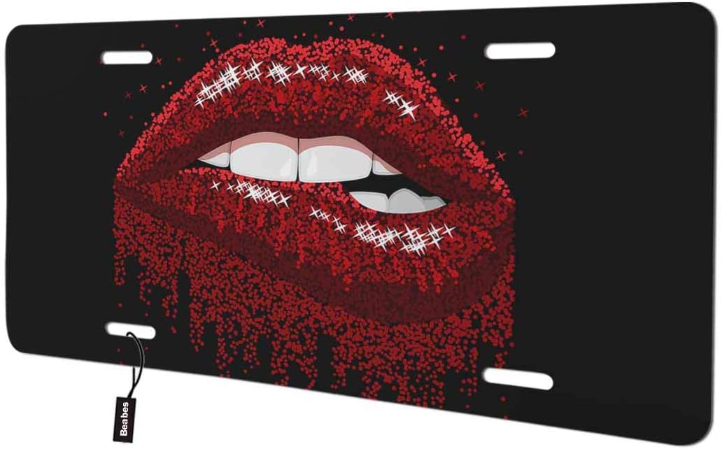 Beabes Cubierta de matrícula frontal de labios rojos, labios sexys para mujer, diseño de labios brillantes para mujer, placas decorativas para