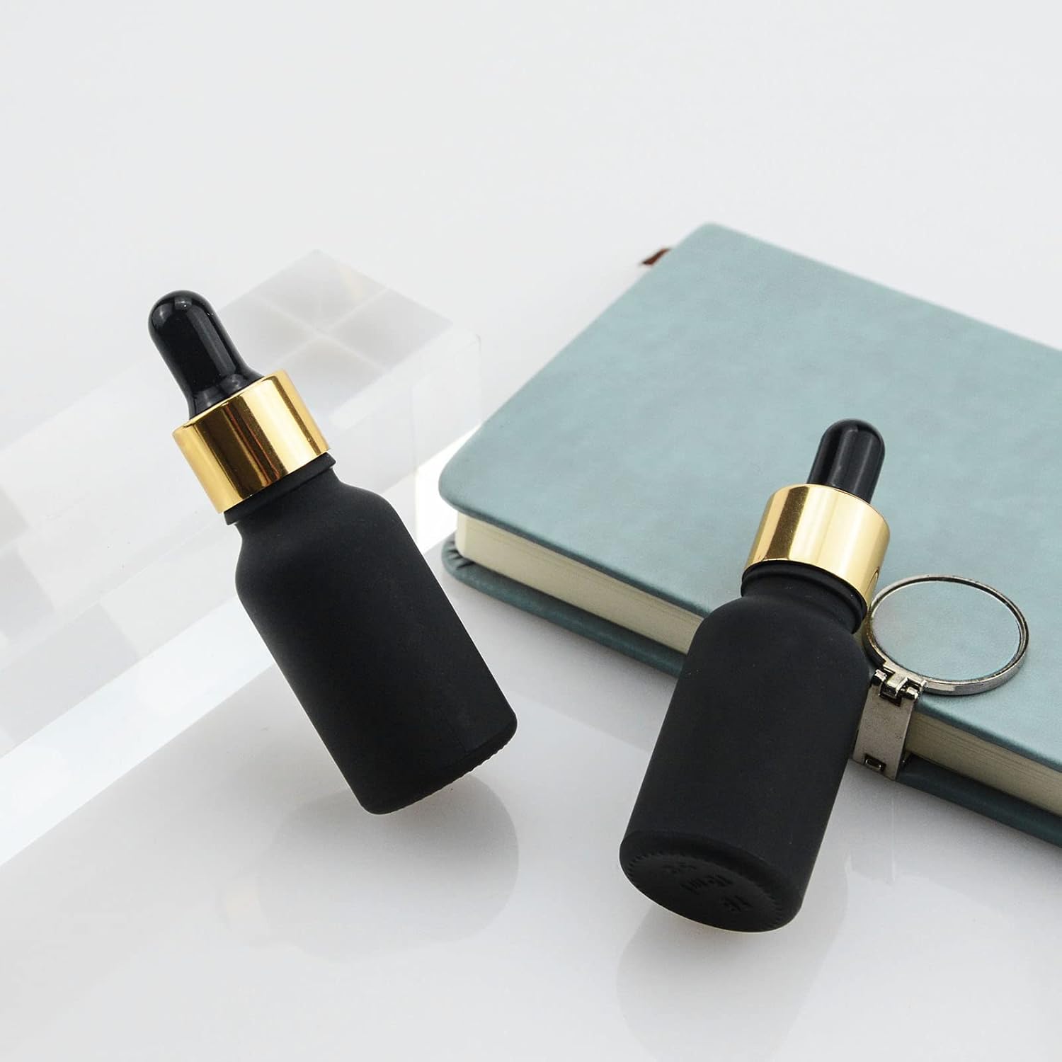 10 botellas con cuentagotas de vidrio esmerilado negro de 12 oz (0.5 fl oz), perfume, aromaterapia, cosméticos, aceites esenciales, muestra de mini