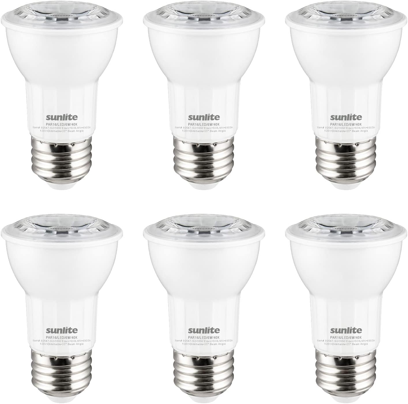Sunlite 41801 Bombilla LED PAR16 reflectora, 6 vatios (50 W  ), 500 lúmenes, base E26 media, regulable, reflector, 90 CRI, Energy Star, listado ETL,
