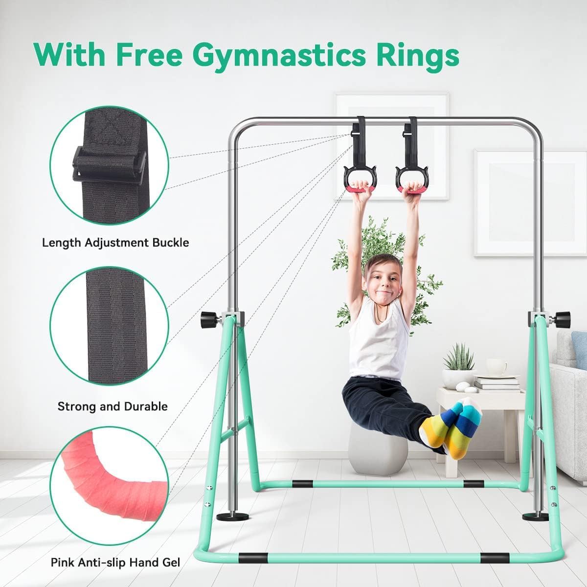 FBSPORT Barra de gimnasia para niños con anillos, barras horizontales de gimnasia de altura ajustable, barra de entrenamiento junior, barras