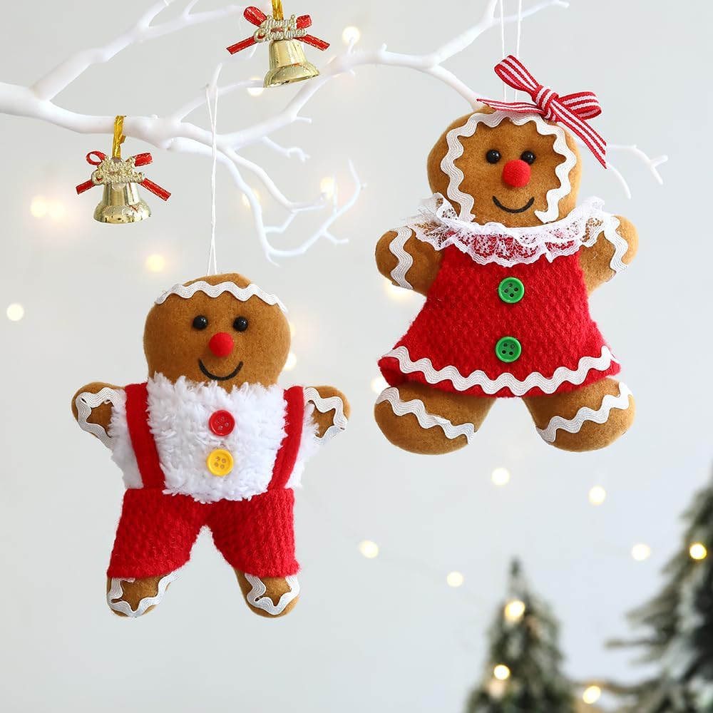 4 adornos de hombre de jengibre de 5.7 pulgadas de alto para árbol de Navidad, figuras surtidas de pan de jengibre rellenas, adornos para colgar en