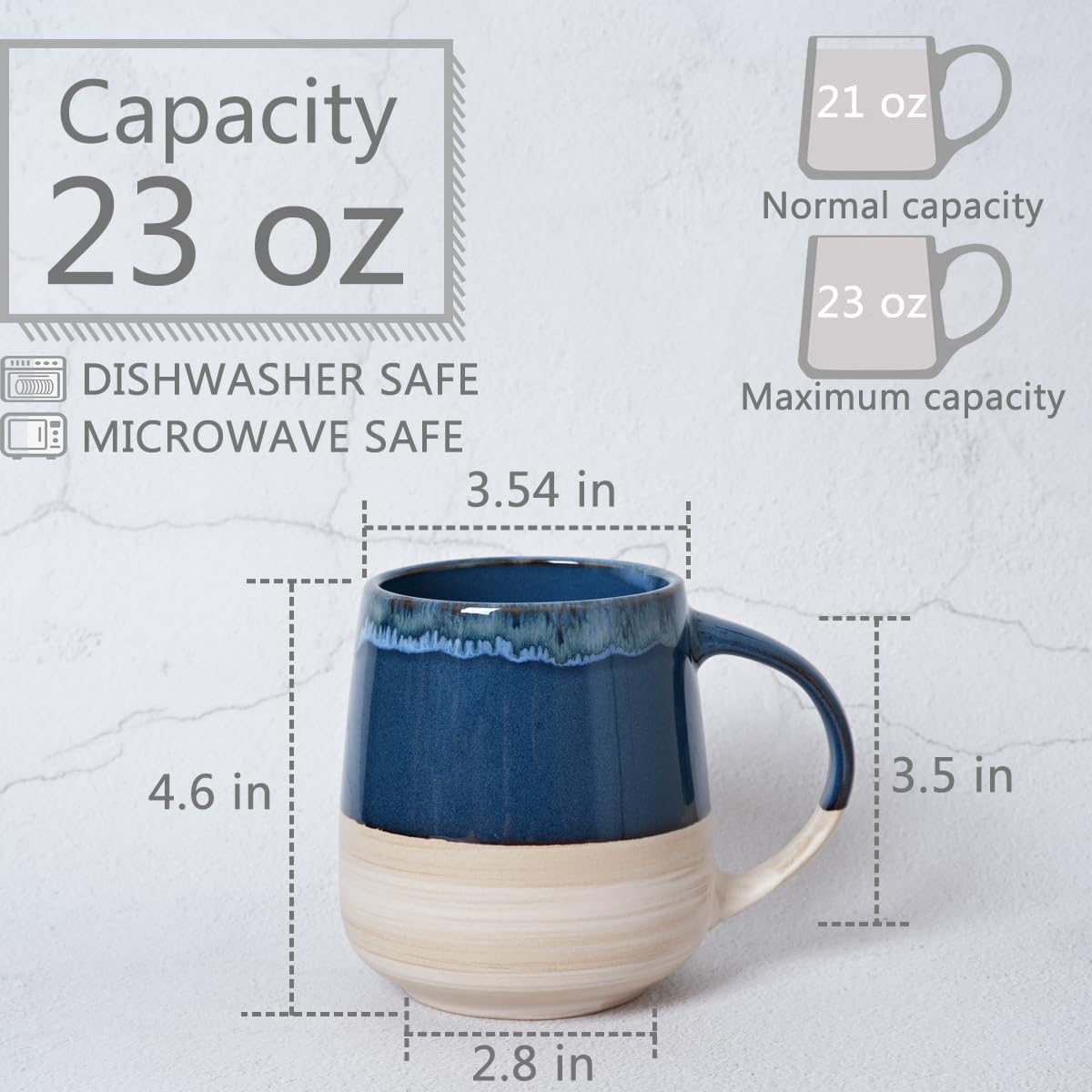 Bosmarlin Taza de café de cerámica extragrande, 23 onzas, apta para lavavajillas y microondas, taza de té grande de gran tamaño, esmalte reactivo