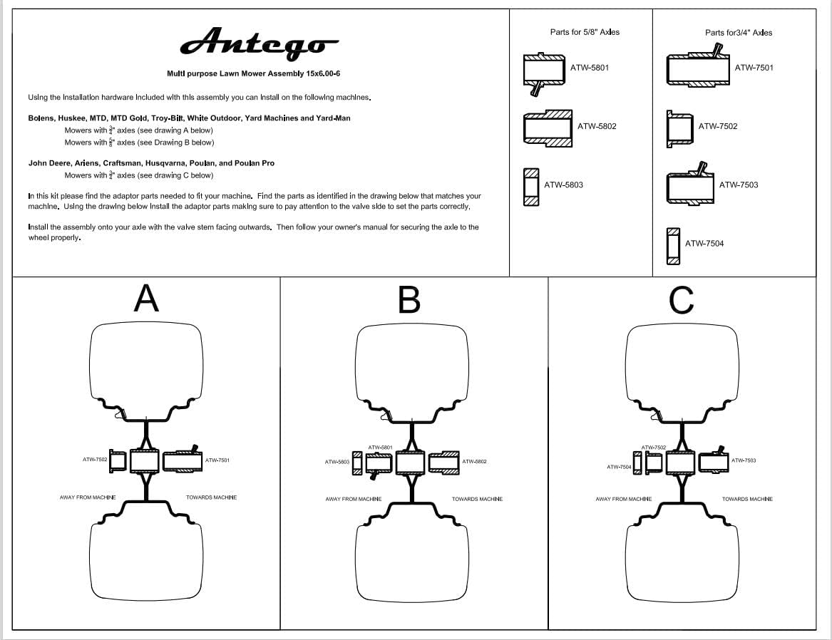 Juego de 2 neumáticos y ruedas de 4 capas para cortacésped y jardín, ajuste universal de 15 x 6.00-6, rodamiento de .75 pulgadas (ATW-003)