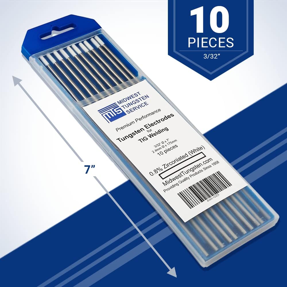 Midwest Tungsten Service TIG Electrodos de soldadura de tungsteno paquete de 10 unidades(blanco – 0,8% circonio, 332 pulgadas)