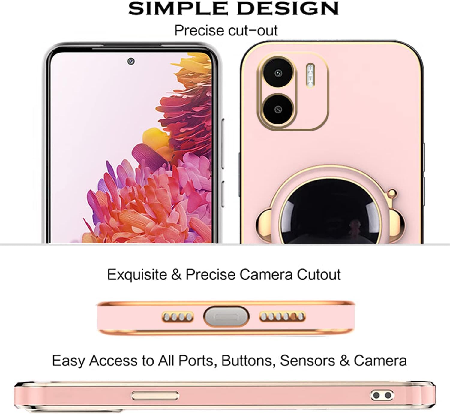 Compatible con Redmi A2 Funda con chapado creativo astronauta titular de dibujos animados rosa, teléfono Xiaomi Redmi A1 Funda de silicona a prueba
