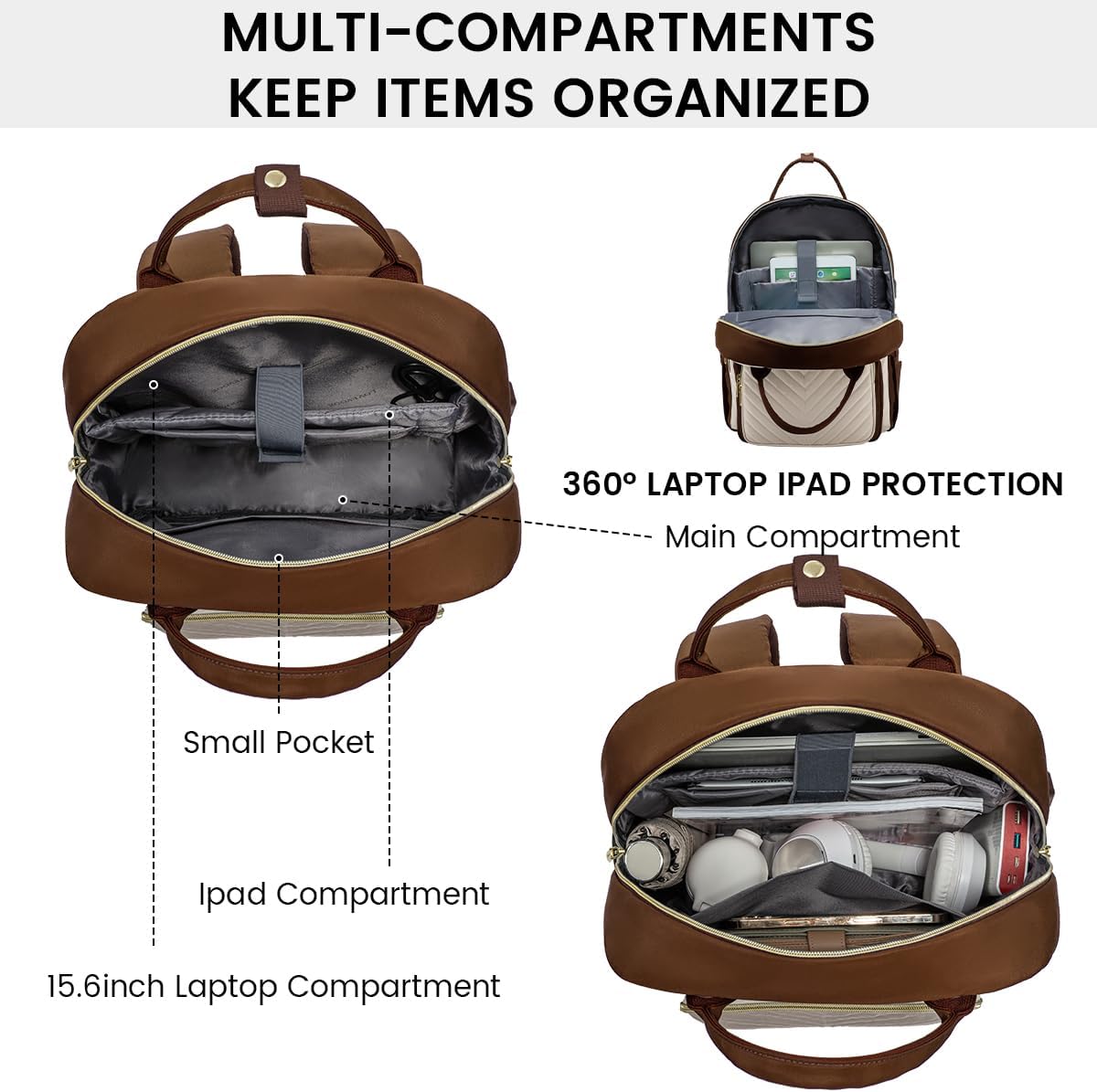 LOVEVOOK Mochila para laptop para mujer, mochila de trabajo de moda con puerto USB, mochilas impermeables para el trabajo., Marrón -beige, Moda