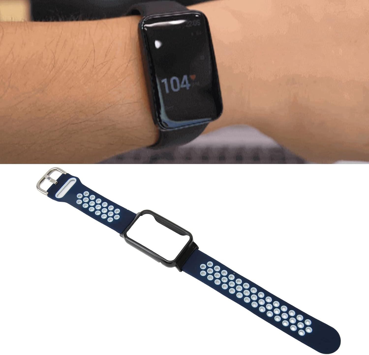 HURRISE Correa de reloj de silicona transpirable para reloj, funda protectora para Mi Band 7 Pro (azul oscuro, blanco y negro)