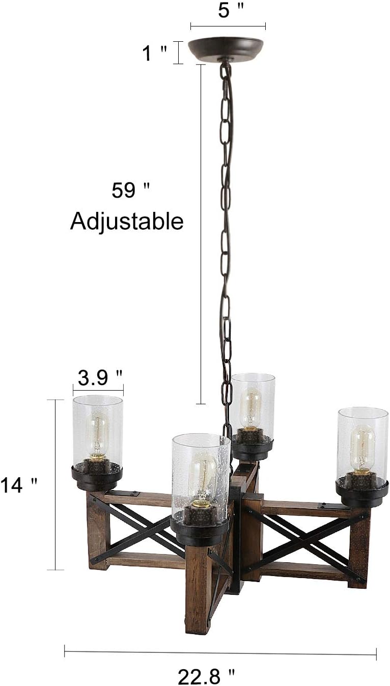 Lámpara de araña rústica de madera con 4 luces con pantallas de cristal, lámpara colgante de mesa de comedor industrial de 22.8 pulgadas, lámpara