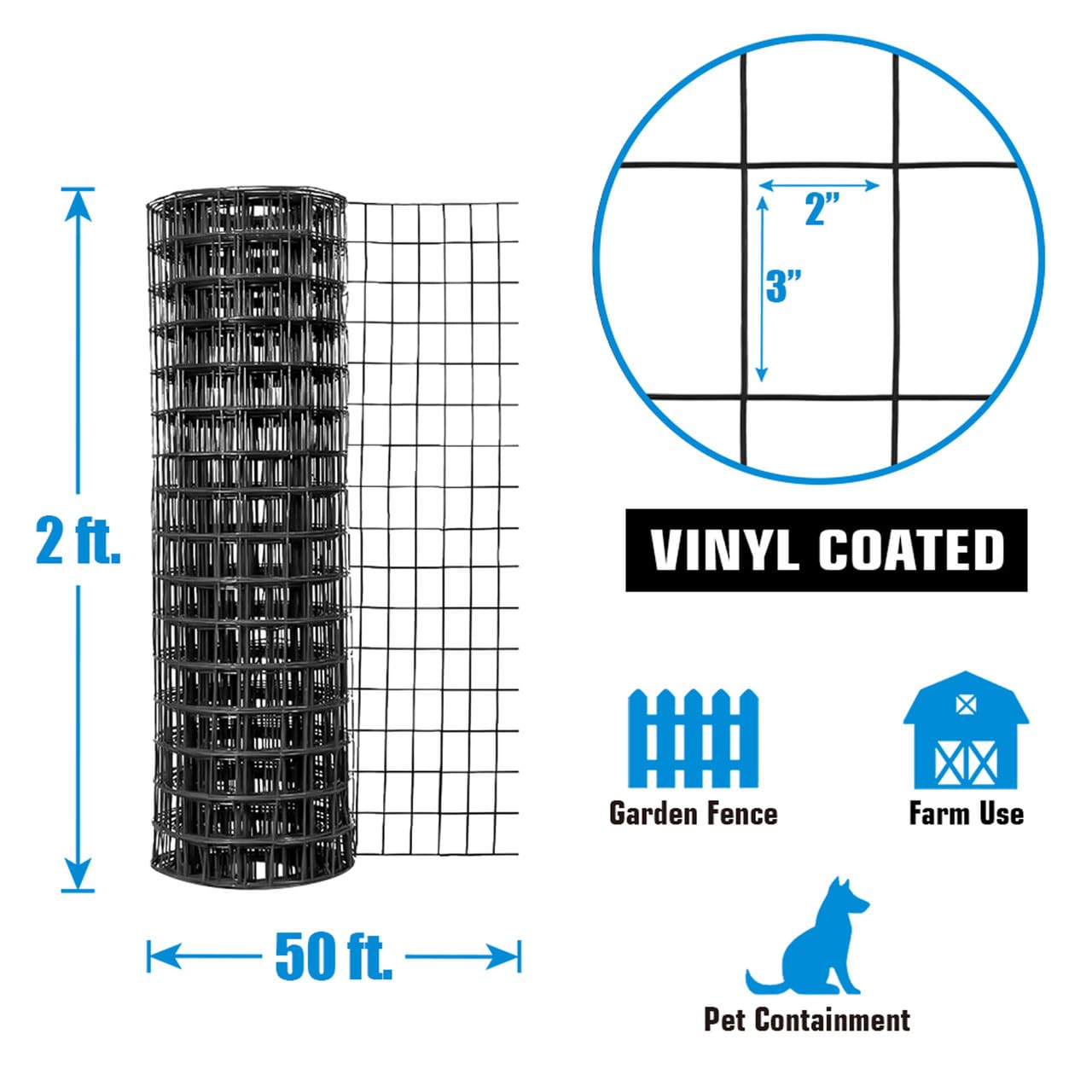 Fencer Wire Tamaño de malla de alambre soldado con autógena recubierto de vinilo verde calibre 16 pulgadas x 3 pulgadas, negro, 2×50 pies