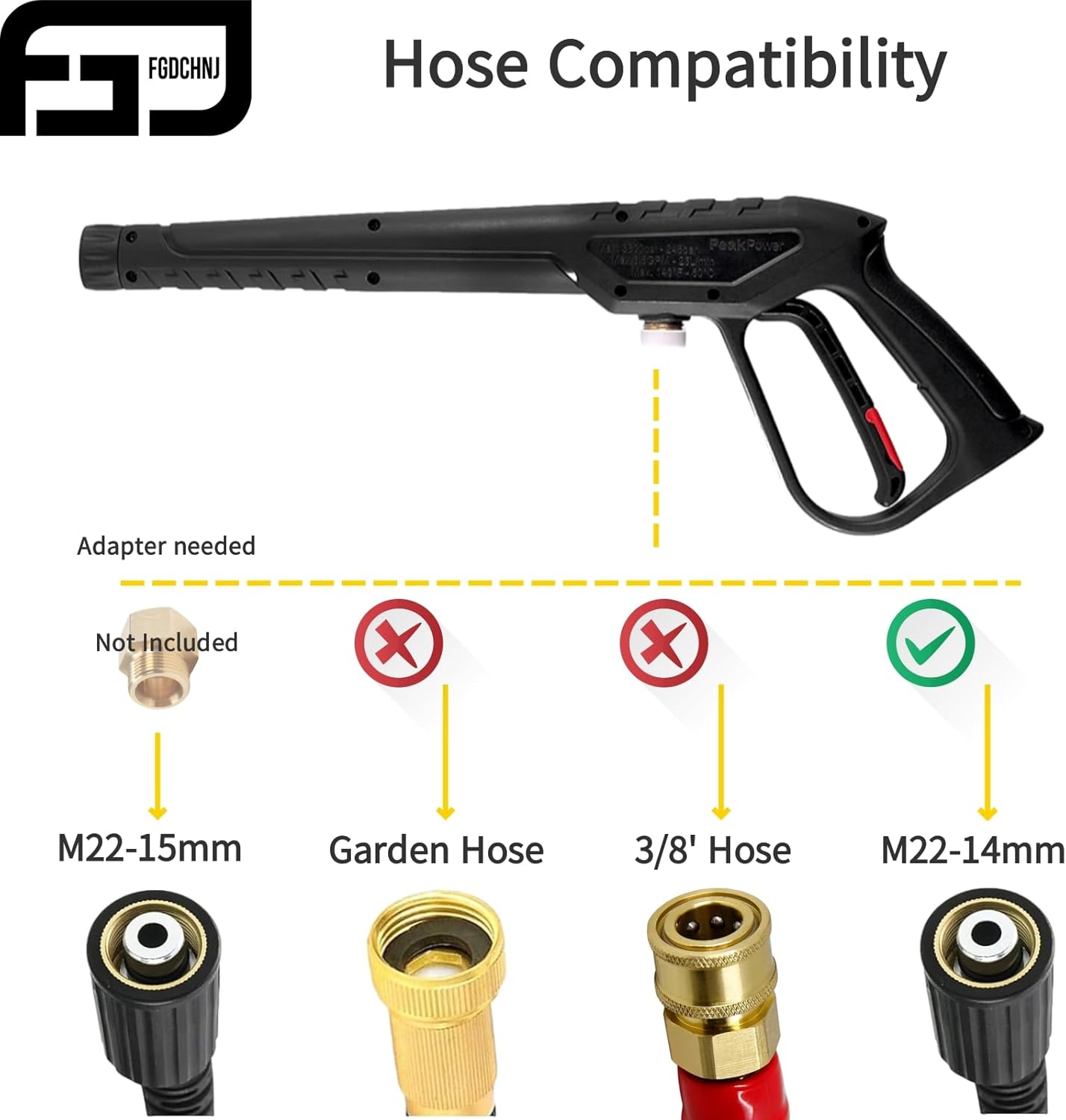 FGDCHNJ Pistola de lavado a presión con varita de extensión de repuesto, pistola de lavado de autos con rosca M22-0.551 in, 5 puntas de boquilla, 40