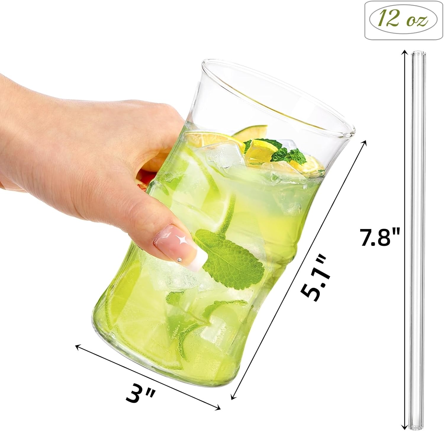 Paquete de 6 vasos para beber con pajilla, vasos de cóctel creativos de 12 onzas, cristalería acanalada transparente estética, juego de vasos de