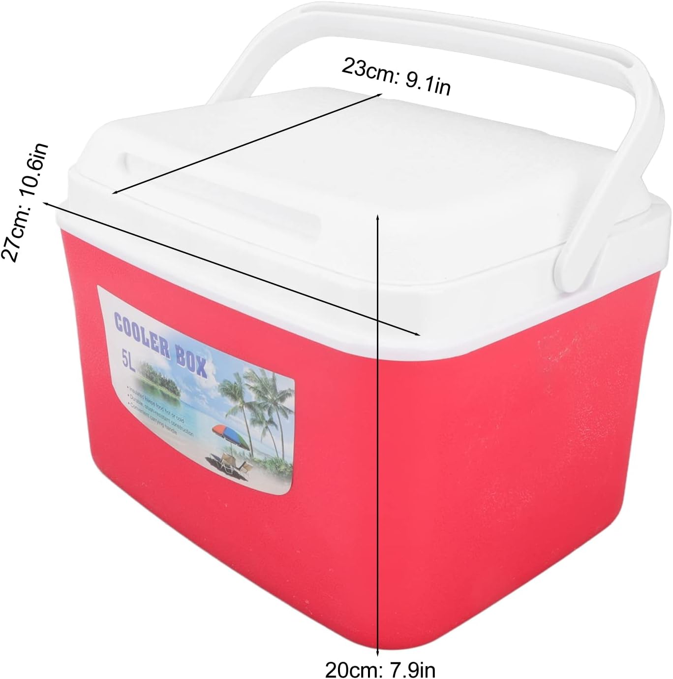 Caja de refrigerador portátil de larga duración con asa para alimentos, medicina, coche, camping, 5L, color rojo