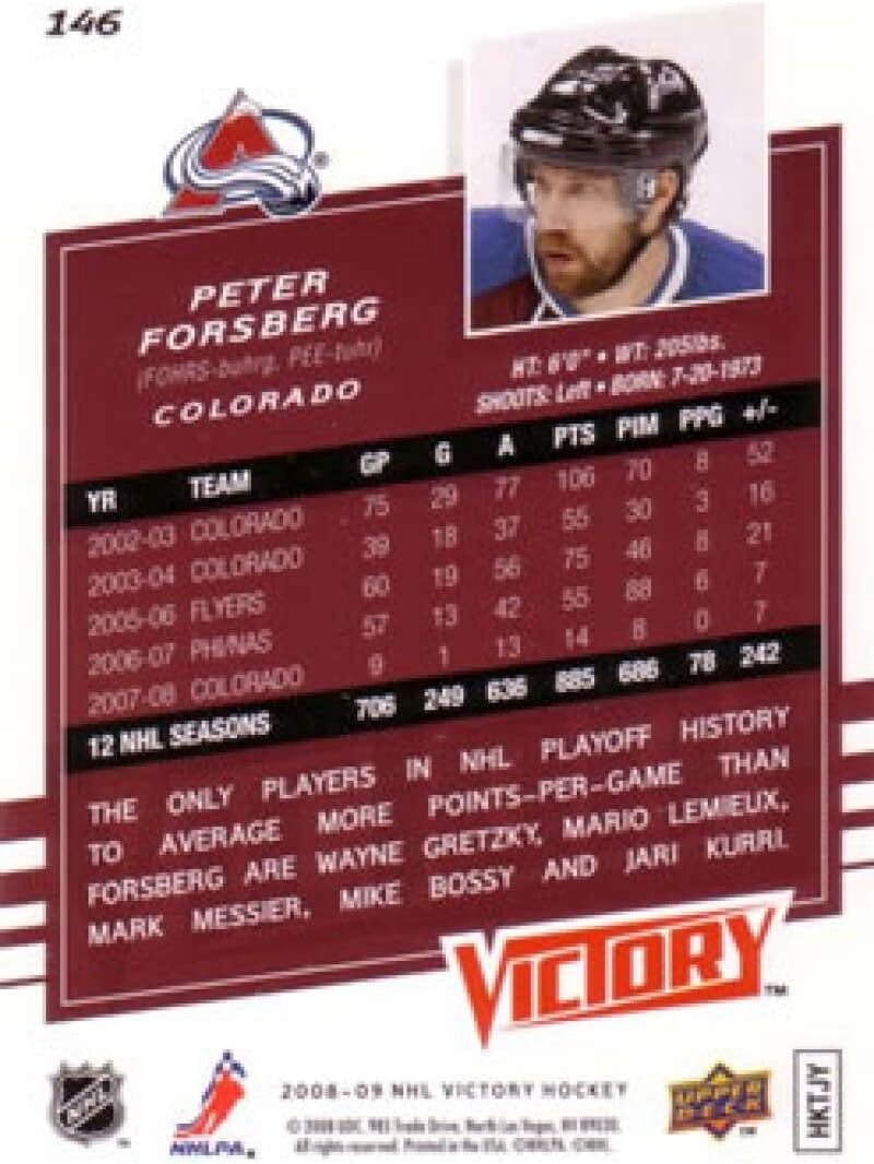 2008-09 Upper Deck Victory Hockey #146 Peter Forsberg Colorado Avalanche Official NHL Trading Card (Stock Photo Shown, Near Mint or Better Condition)