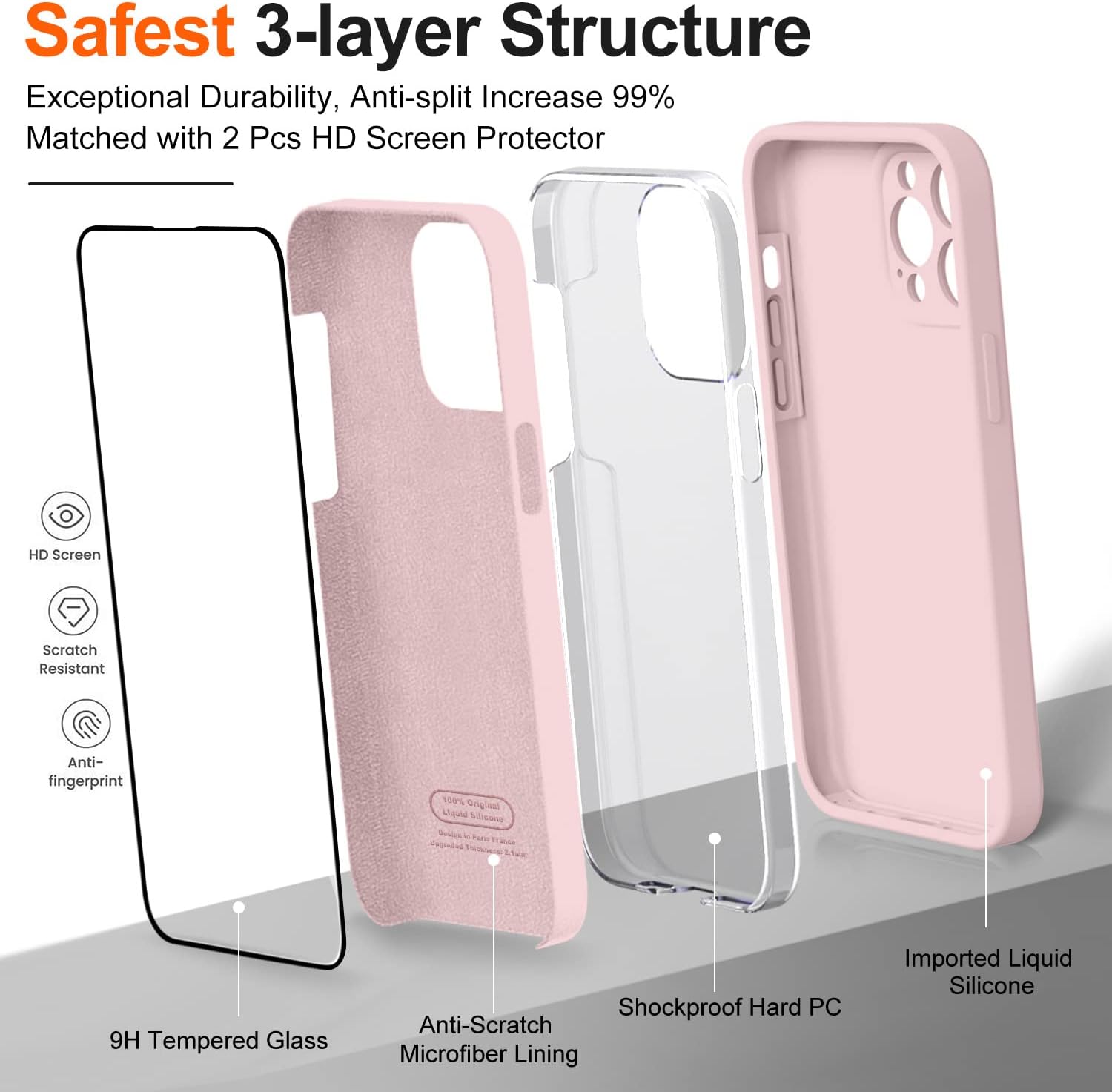 Funda compatible con iPhone 14 Pro para mujer, con 2 protectores de pantalla de vidrio templado 9H, protección de cámara forro de microfibra Funda