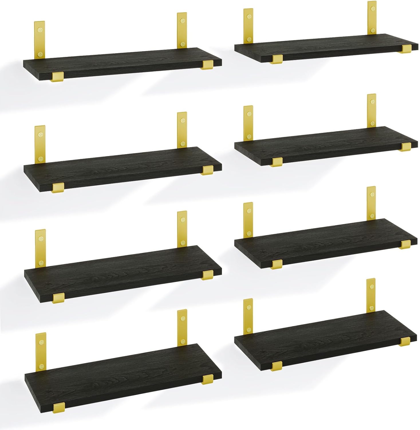 YGEOMER Estantes flotantes, juego de 8, estantes rústicos de pared, estante flotante de madera para dormitorio, sala de estar, libro y baño (negro
