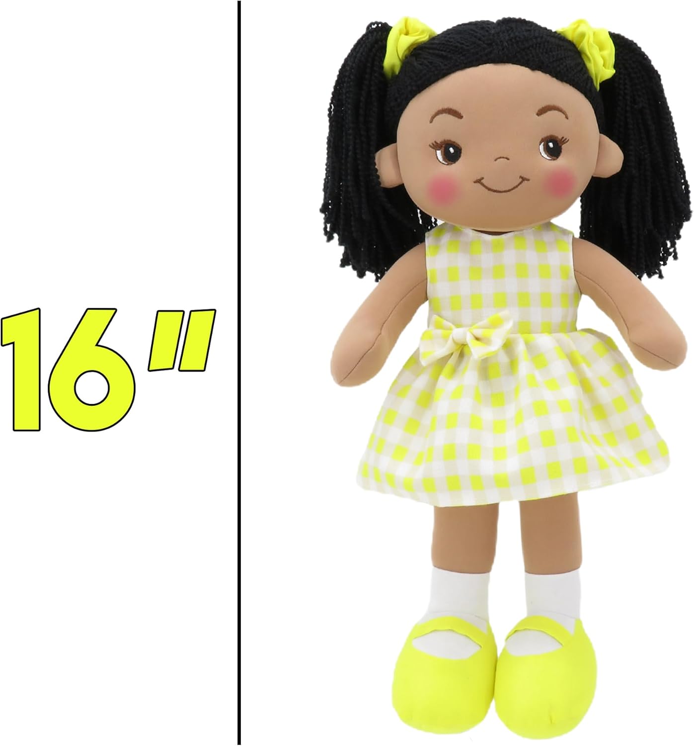 Muñecas de acurrucarse personalizadas, muñeca de trapo suave morena personalizada, vestido amarillo a cuadros, 16 pulgadas, muñecas de trapo