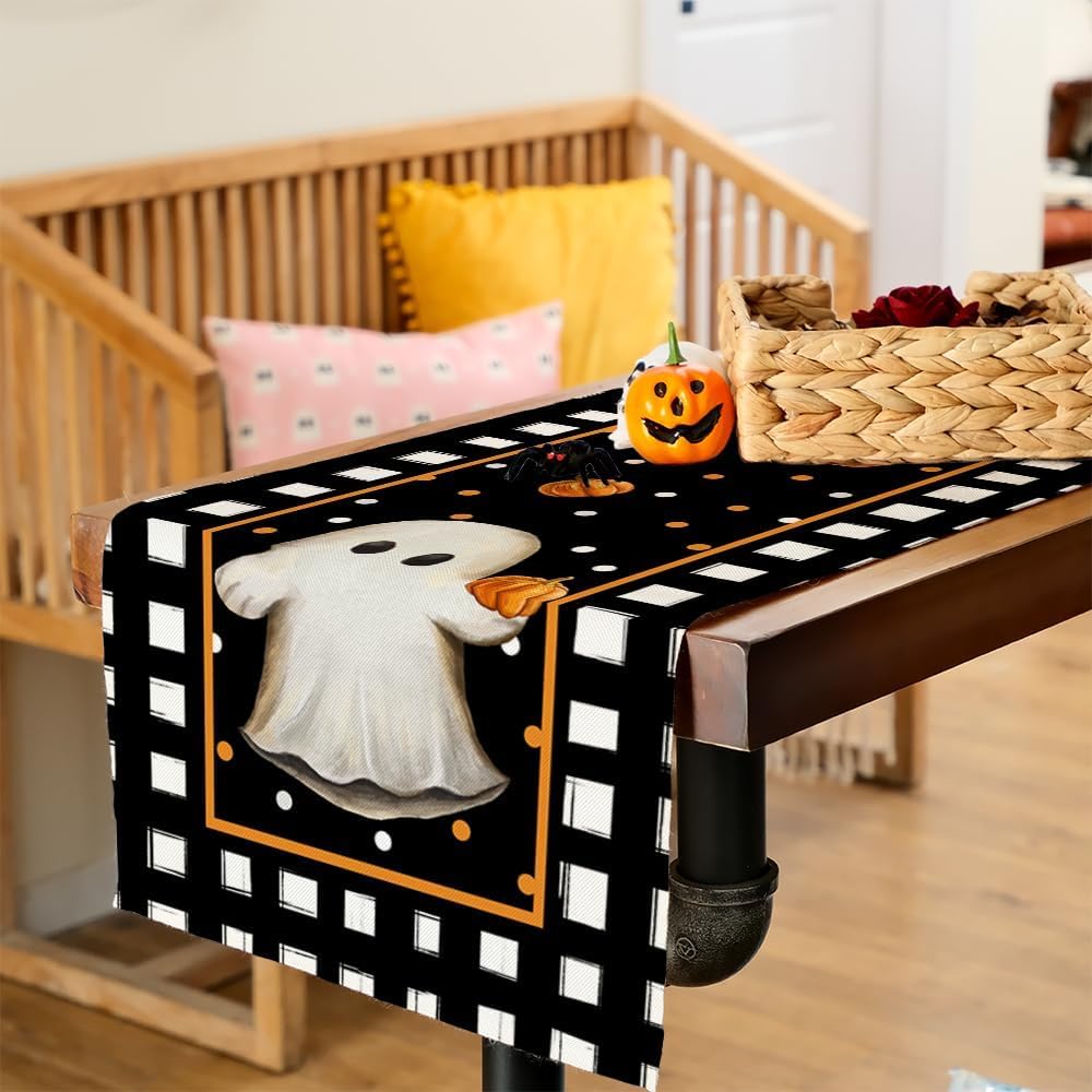 ARKENY Camino de mesa de Halloween de 13 x 48 pulgadas, calabaza, fantasma, arpillera estacional, lunares, granja, interior, cocina, comedor,
