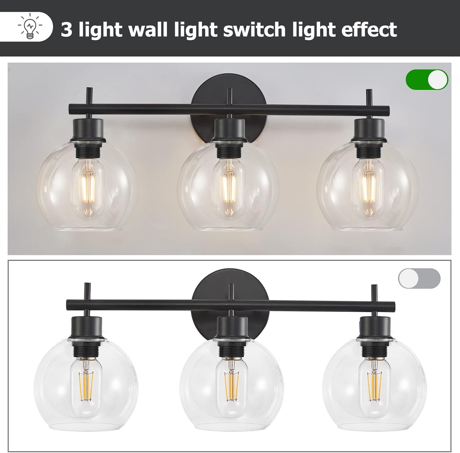 Seteline Luces de tocador de baño de 3 luces, lámparas de baño negras con pantallas de globo de vidrio transparente, accesorio de iluminación de