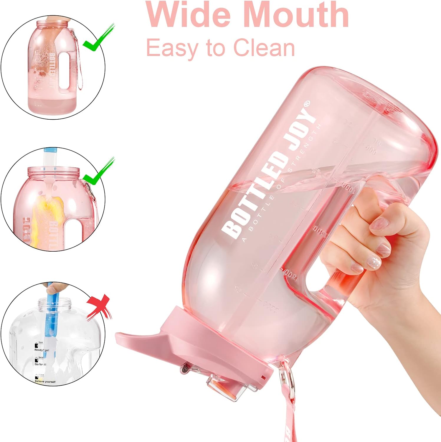 JIMACRO Botella de agua 2 en 1 con popote y tapa para beber, botella de agua deportiva BOTTLED JOY de 2.5 litros con marcas de tiempo y boca ancha,