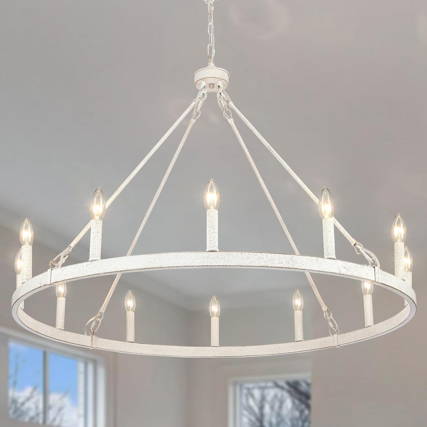 Candelabro blanco con 12 luces estilo madera clara, con ruedas de carro, lámpara grande para techos altos, de 38 pulgadas, para casa de campo, al