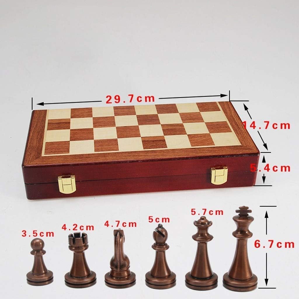 ROLTIN Chess Set Gift Large Metal Deluxe Chess Retro Copper Plated Alloy Chess Adult Set Board Game Portable Wooden Box Storage Folding Chess Set