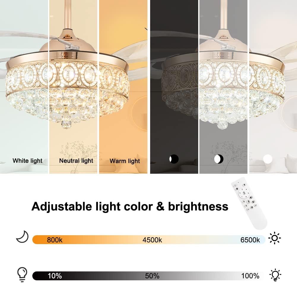 Ventiladores de techo de cristal de 42 pulgadas con luces, moderno ventilador de techo LED regulable con control remoto de hoja retráctil, 6