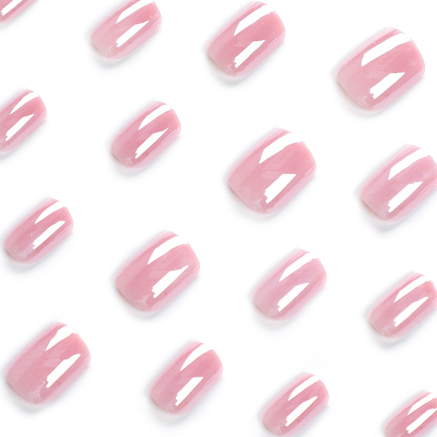 Uñas postizas a presión de color rosa, cuadradas, cortas, de SWEKKE de color rosa claro, cobertura completa, uñas postizas brillantes con pegamento