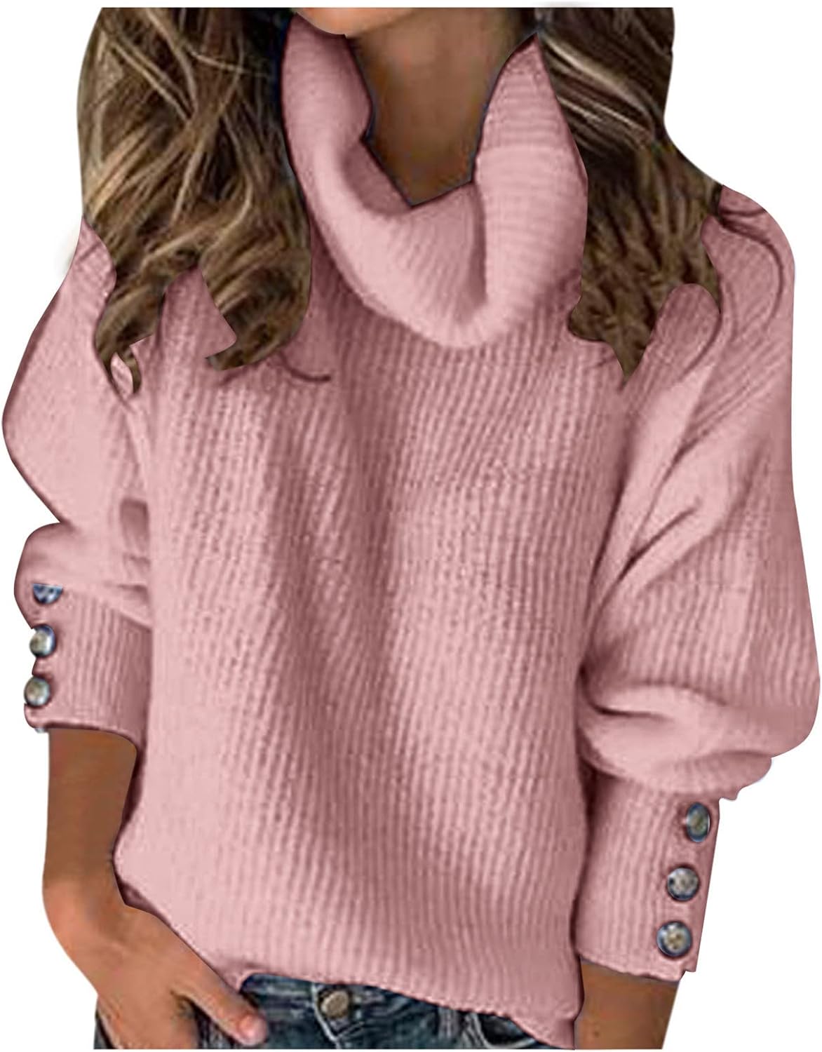 Womens 2023 Fall Pullover Sweaters Solid Long Sleeve Turtleneck Knitted Casual Button Oversized Tunic