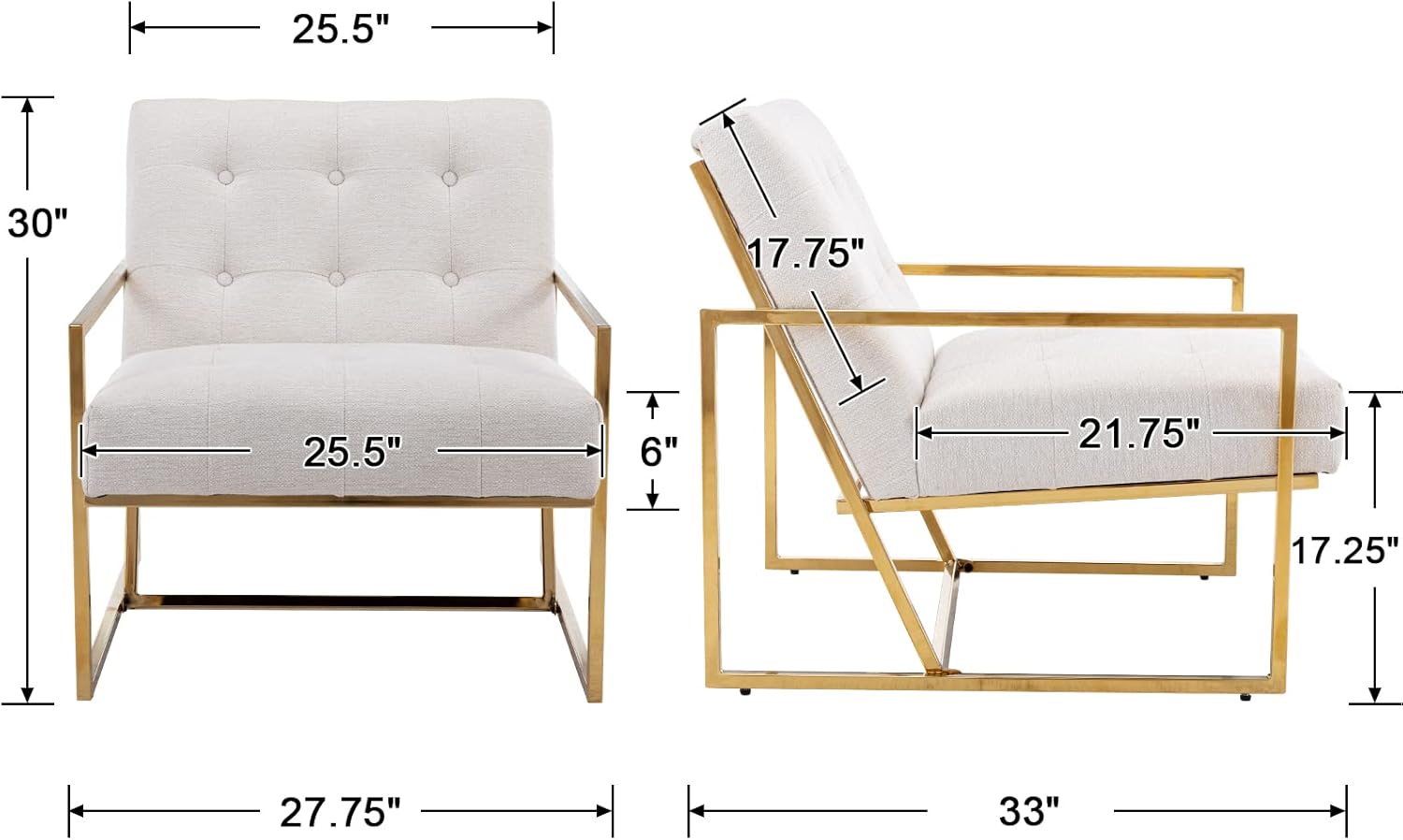 Wahson Sillón moderno, sillón tapizado de lino retro, con marco de metal con acabado dorado, cómodo sillón grande para ocio, sala de