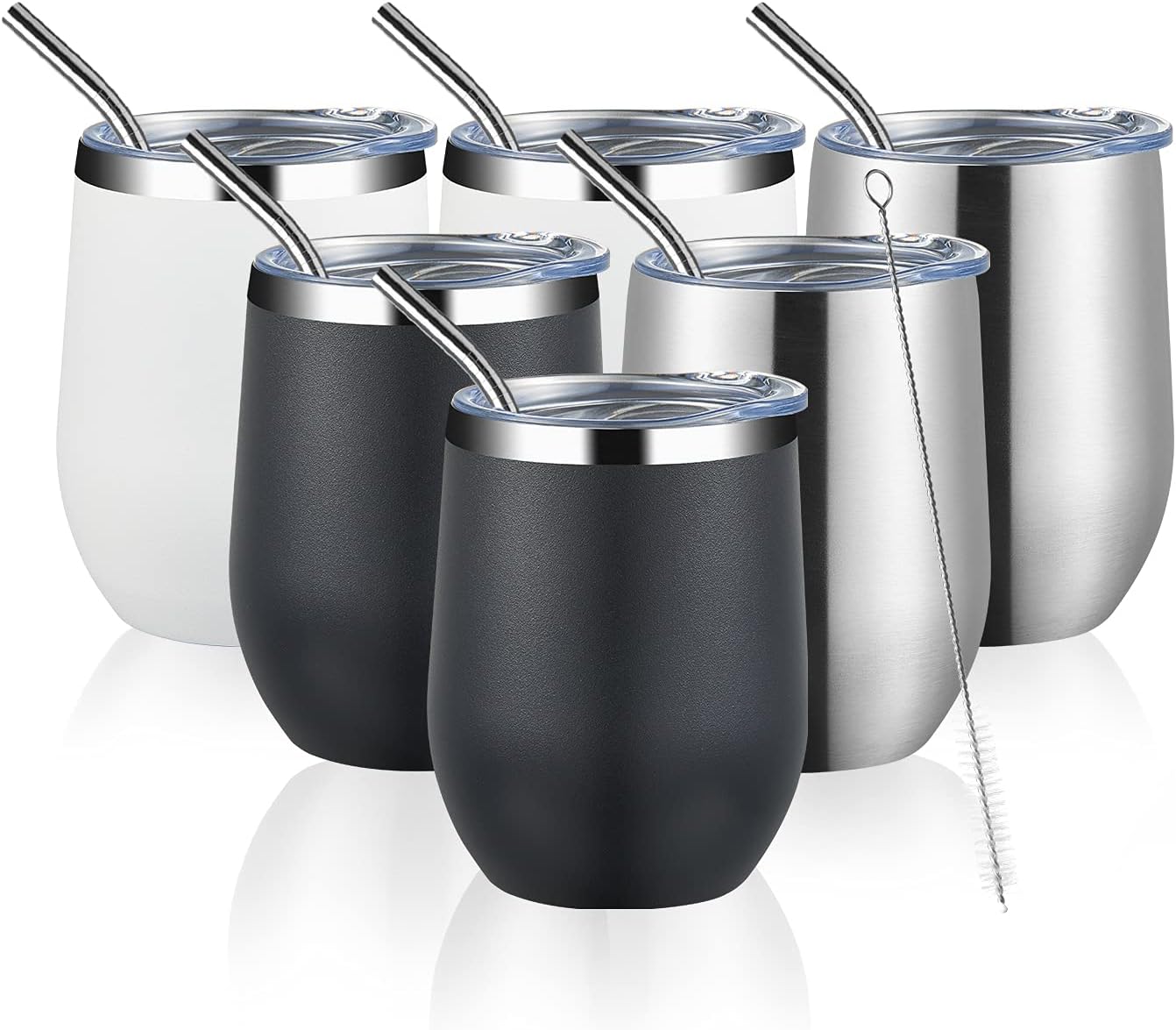 Paquete de 6 vasos de vino de acero inoxidable con tapa, doble pared aislada al vacío, juego de vasos de viaje para vino, café, champán (negro,