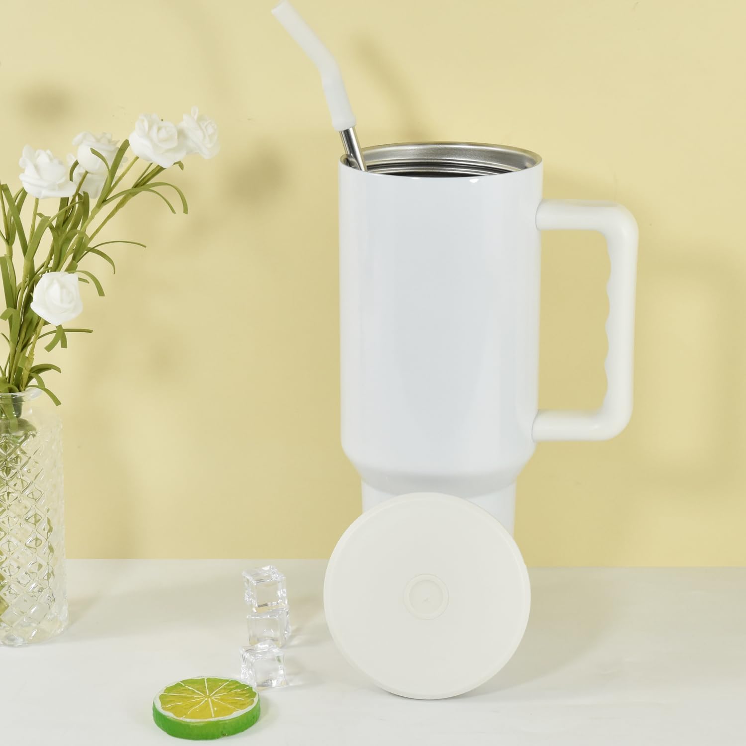Vaso de sublimación de 40 onzas con asa y popote que se mantiene frío durante 34 horas, a prueba de fugas, doble pared aislada al vacío, taza de