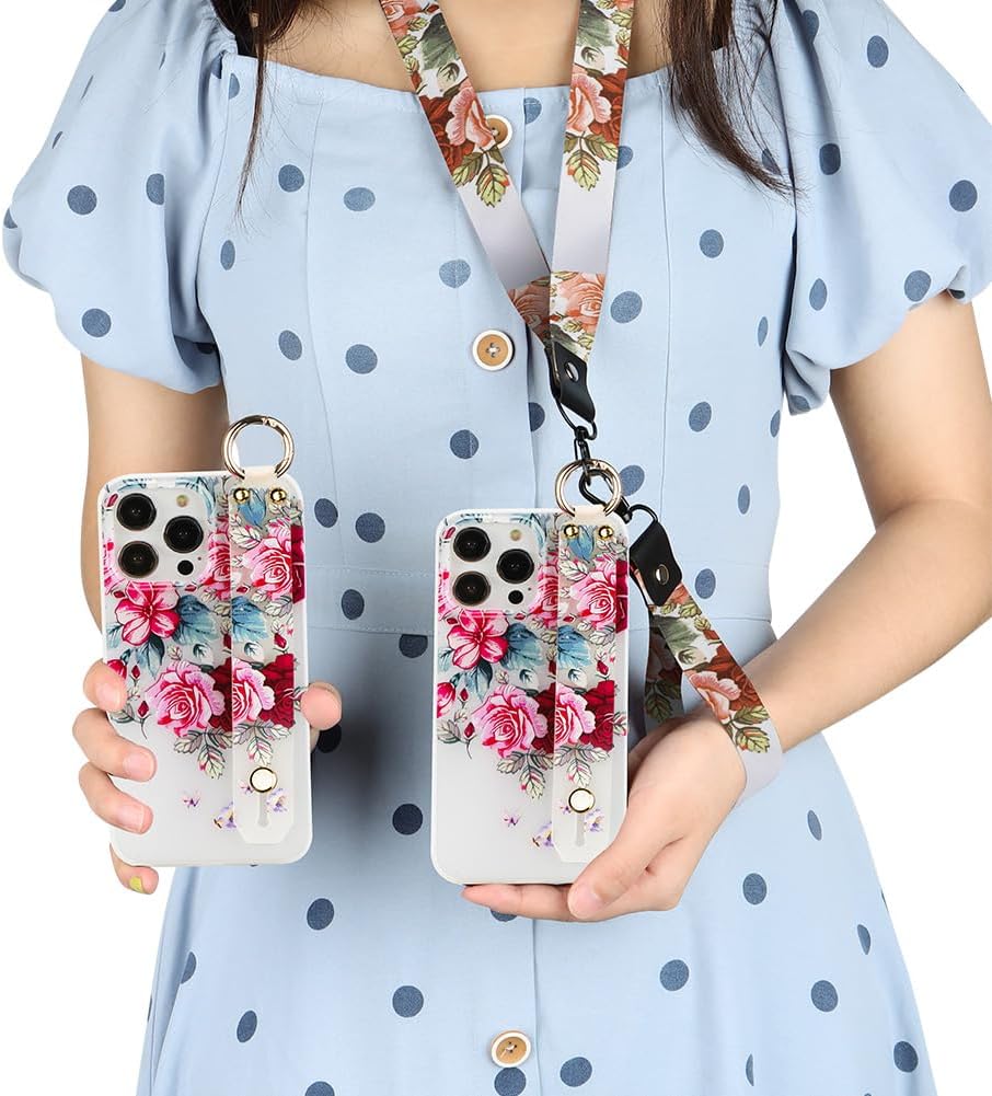 KANGHAR Funda para iPhone 14 Pro Max con estampado floral para mujeres y niñas, funda de silicona TPU suave con correa de muñeca para iPhone 14 Pro