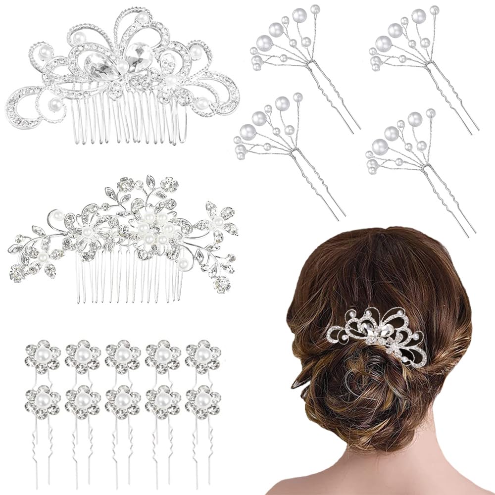 Juego de 16 peines para el cabello de boda, color plateado brillante, perla, mariposa, mariposa, novia, horquilla, peine para el cabello, peine