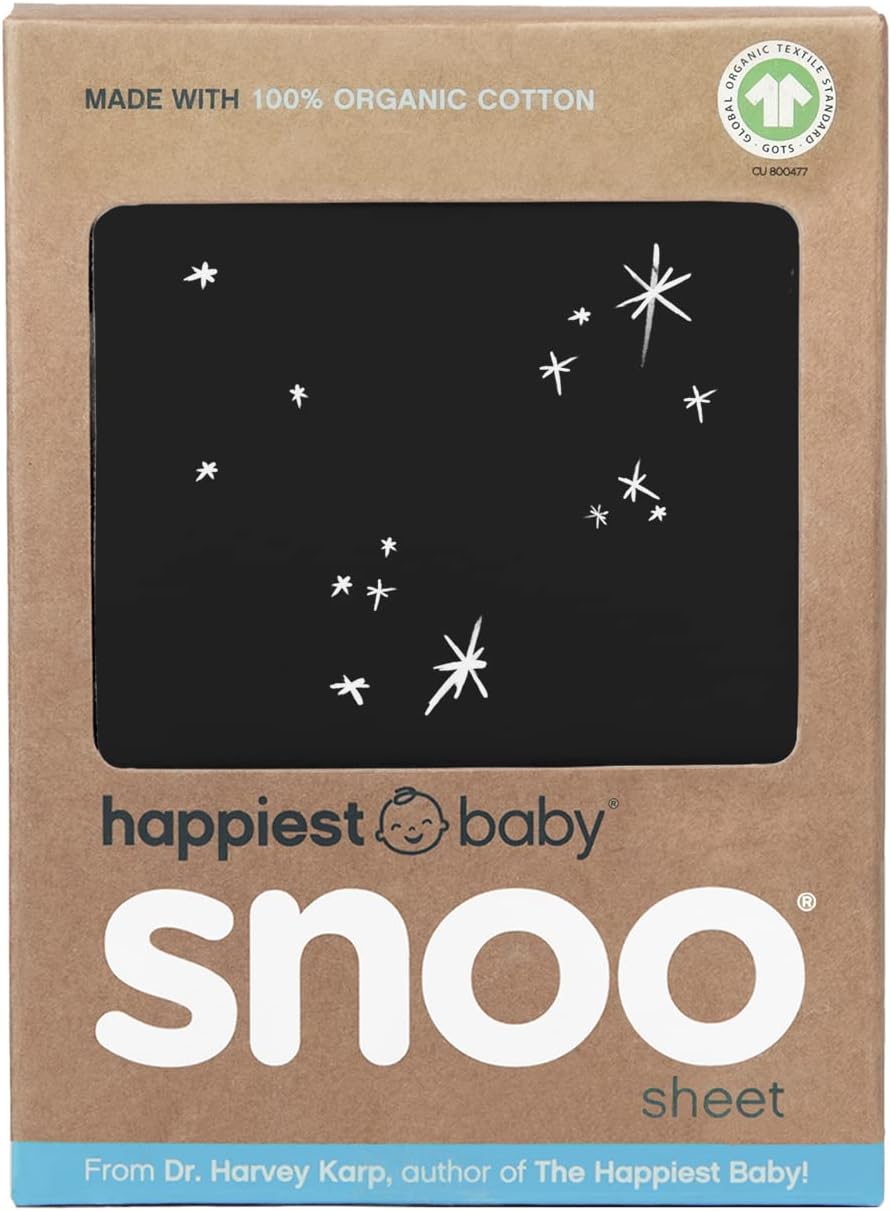 Happiest Baby SNOO – Sábana bajera ajustable para cuna, 100 % algodón orgánico, para colchón de cuna SNOO (galaxia negra)