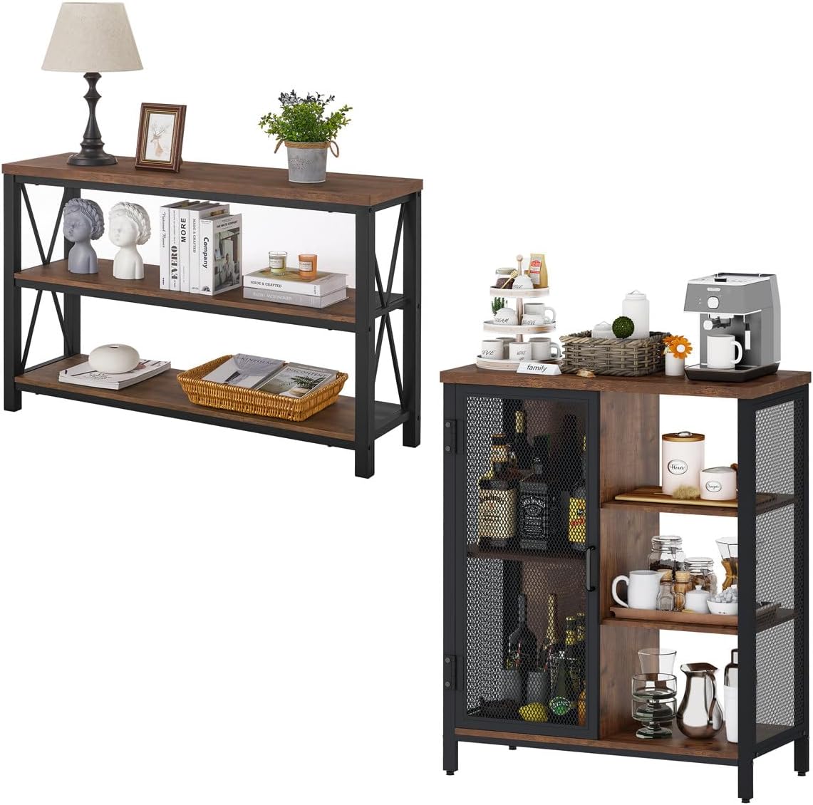 BON AUGURE Mueble de bar de café rústico para el hogar, mesa consola rústica detrás del sofá, juego de muebles de madera y metal para sala de estar