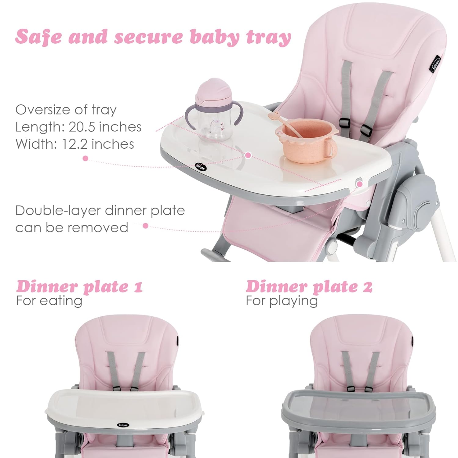 INFANS Silla alta para bebés y niños pequeños, silla alta plegable con respaldo ajustable múltiple, reposapiés y altura del asiento, bandeja