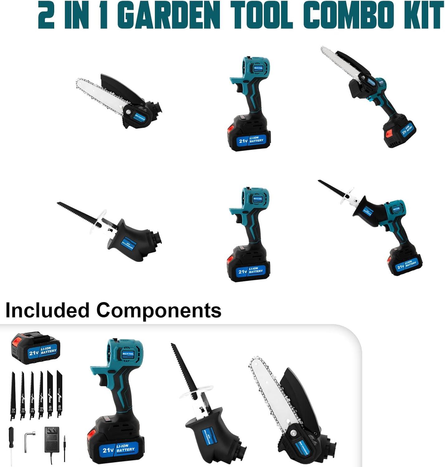 Kit combinado de herramientas eléctricas 2 en 1, mini motosierra, motosierra eléctrica inalámbrica sin escobillas con batería y cargador, sierra