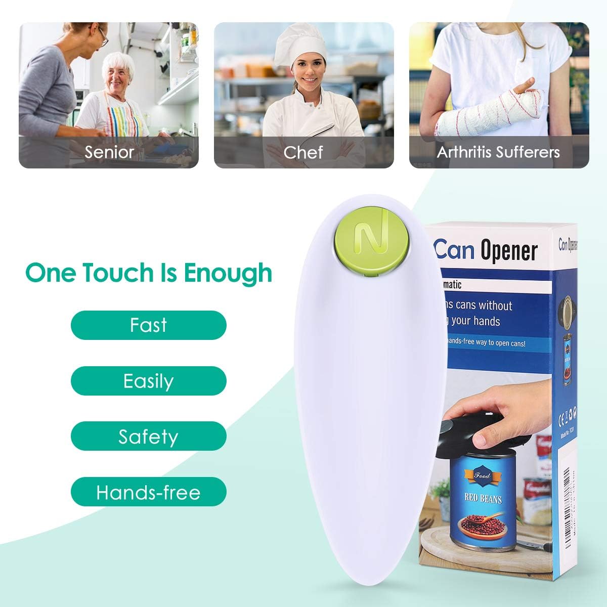 Abrelatas eléctrico fácil de un solo toque con borde liso para personas mayores con artritis, abrelatas automático seguro para alimentos, accesorios