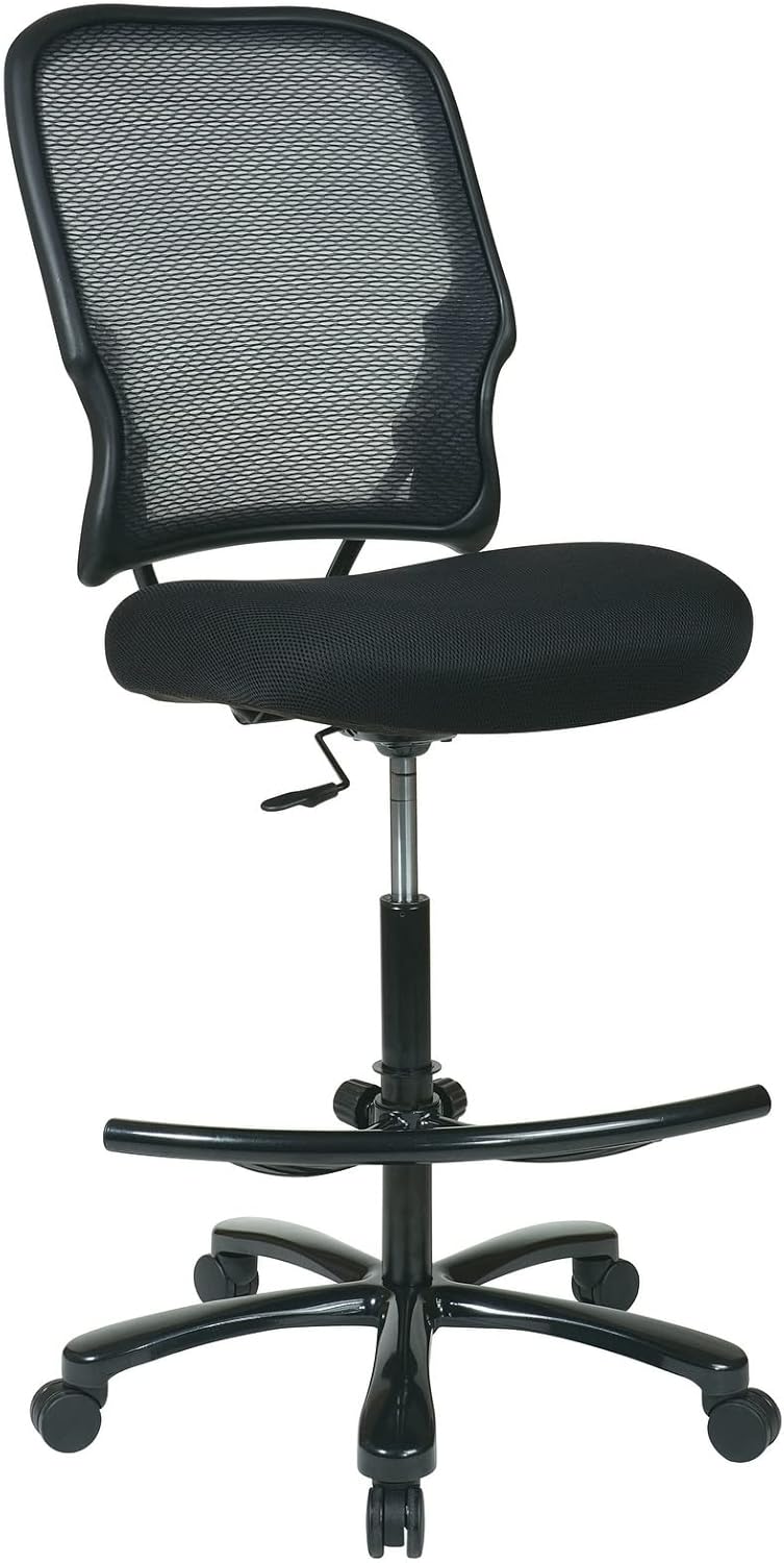 SPACE Seating Respaldo AirGrid de doble capa grande y alto con asiento de malla, reposapiés ajustable y base con acabado plomizo, negro