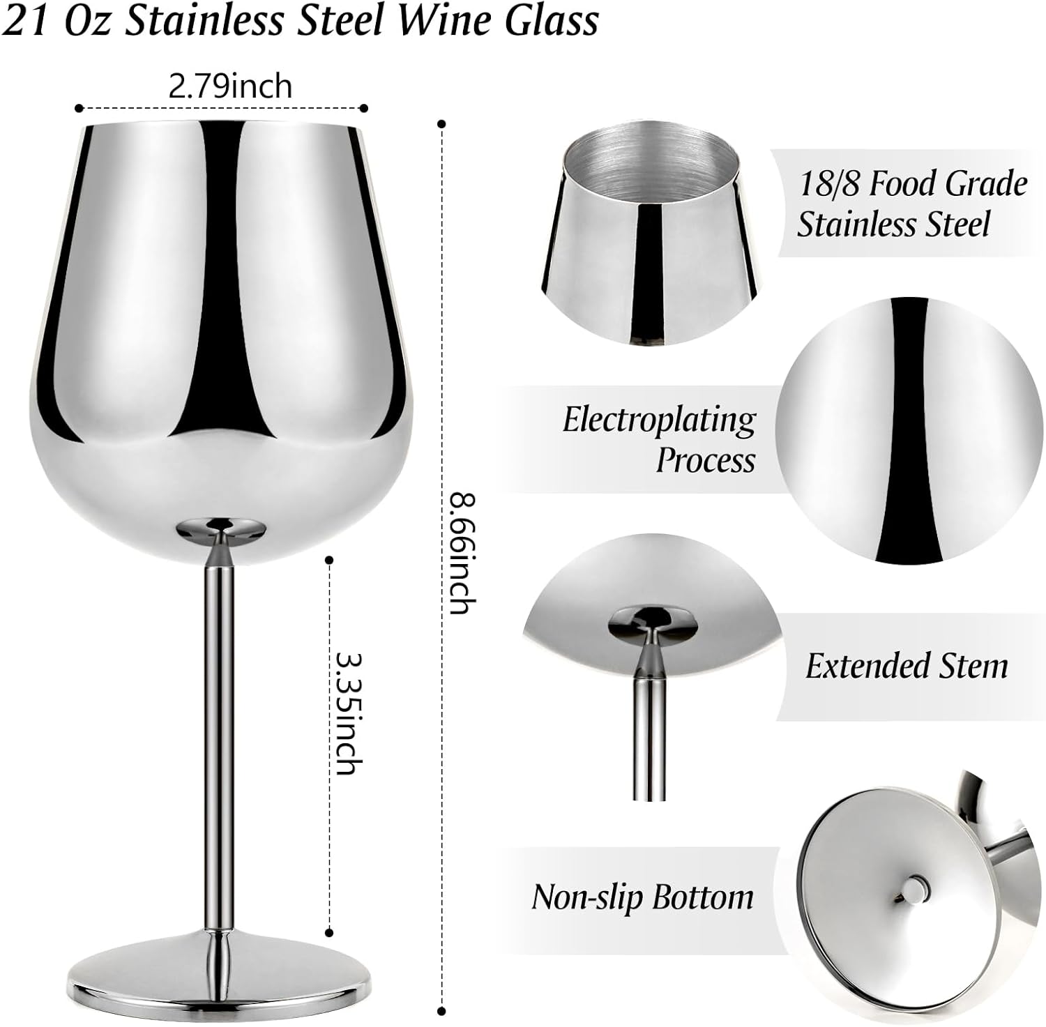 Juego de 4 copas de vino de acero inoxidable, copas de vino de metal de 21 onzas con decantador y tapón, copa de vino de acero inoxidable con tallo