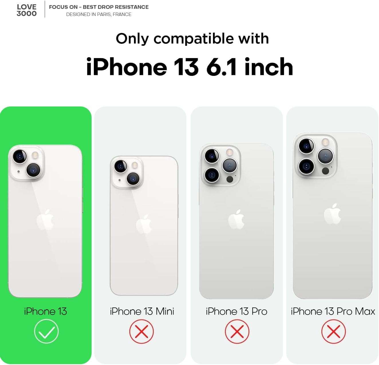 LOVE 3000 Funda compatible con iPhone 13, protección de cámara, goma de silicona líquida de alta calidad, forro de microfibra suave, funda de
