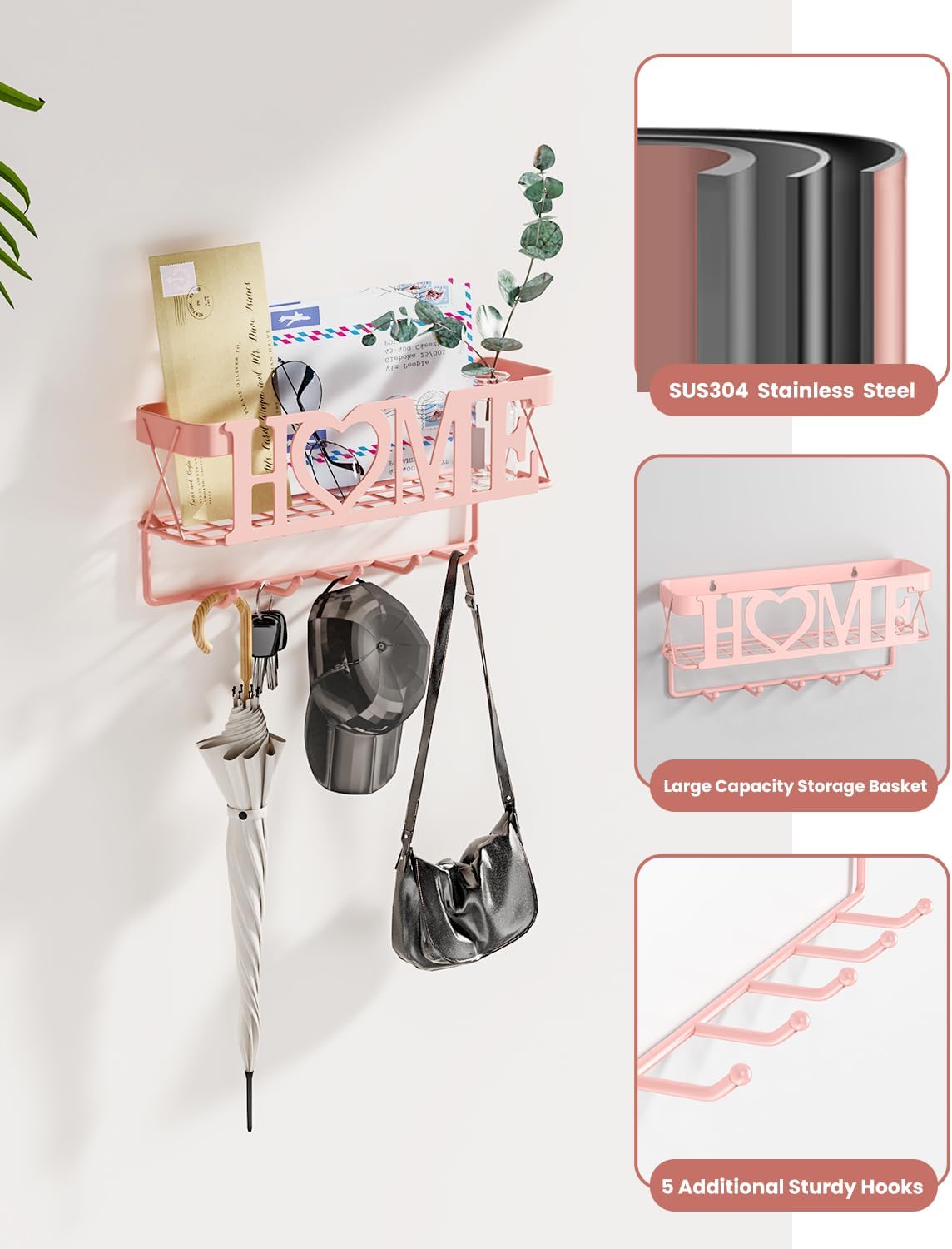 Soporte para llaves de pared, soporte adhesivo para llaves con 5 ganchos para llaves, 11.02 pulgadas de largo x 2.75 pulgadas de ancho x 4.92