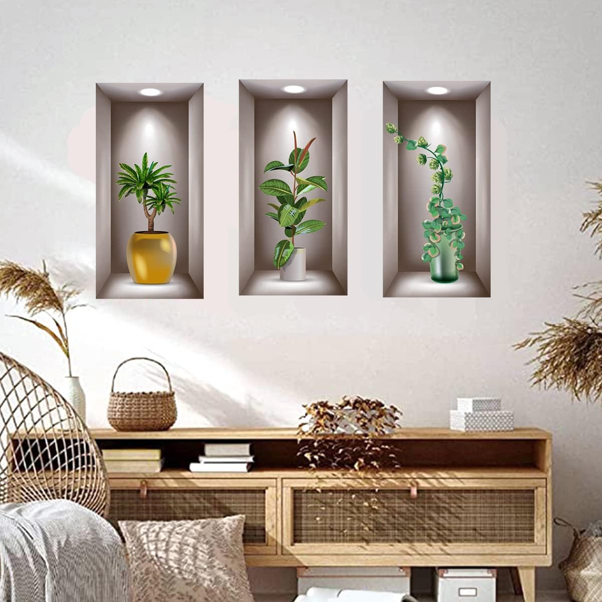 Calcomanías de pared con plantas verdes 3D, 3 hojas de vinilo 3D removibles para pared, decoración de pared para sala de estar, oficina