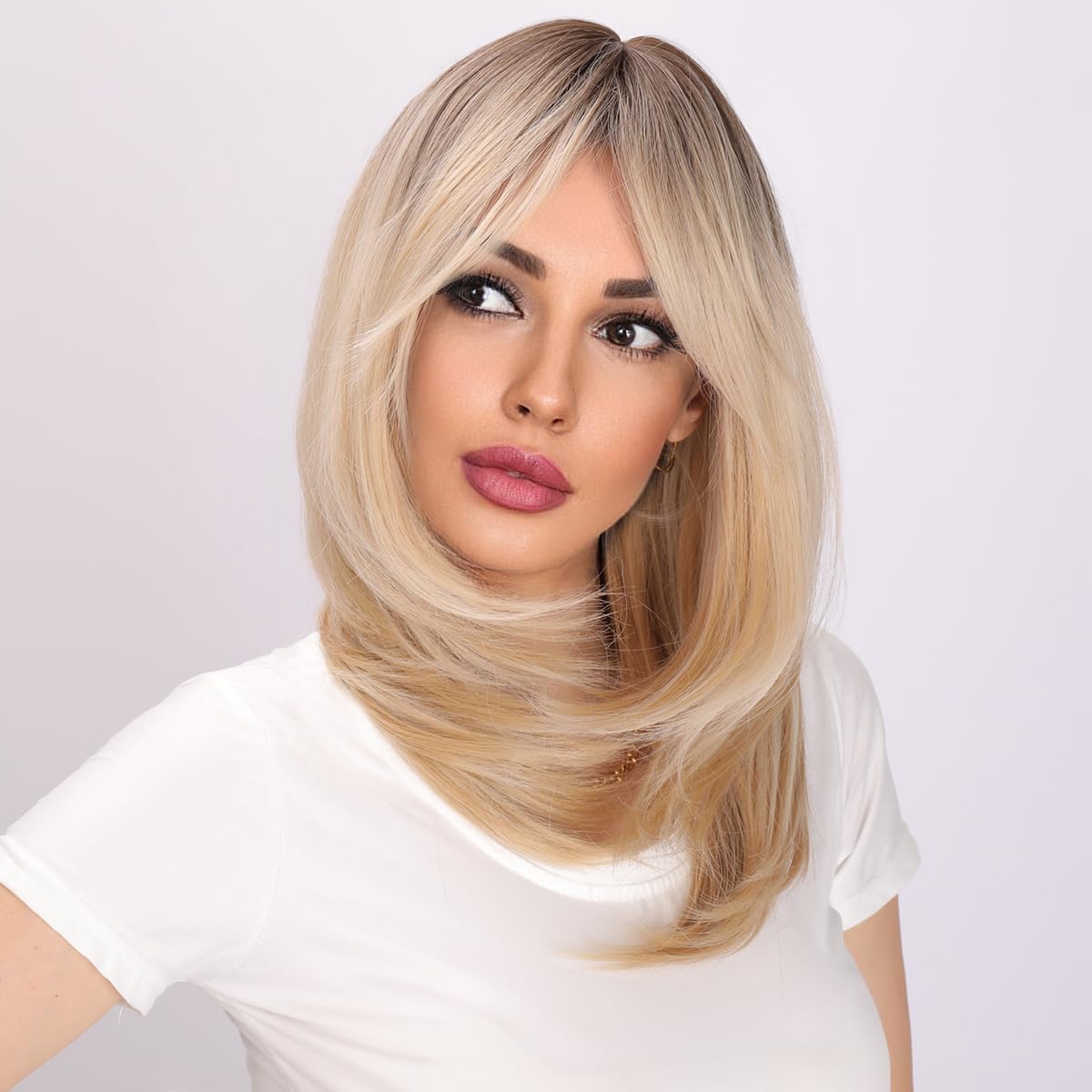 Smilco Pelucas sintéticas para mujer, peluca rubia, larga, ondulada y rizada con flequillo, pelucas de cabello de aspecto natural, pelucas de fibra