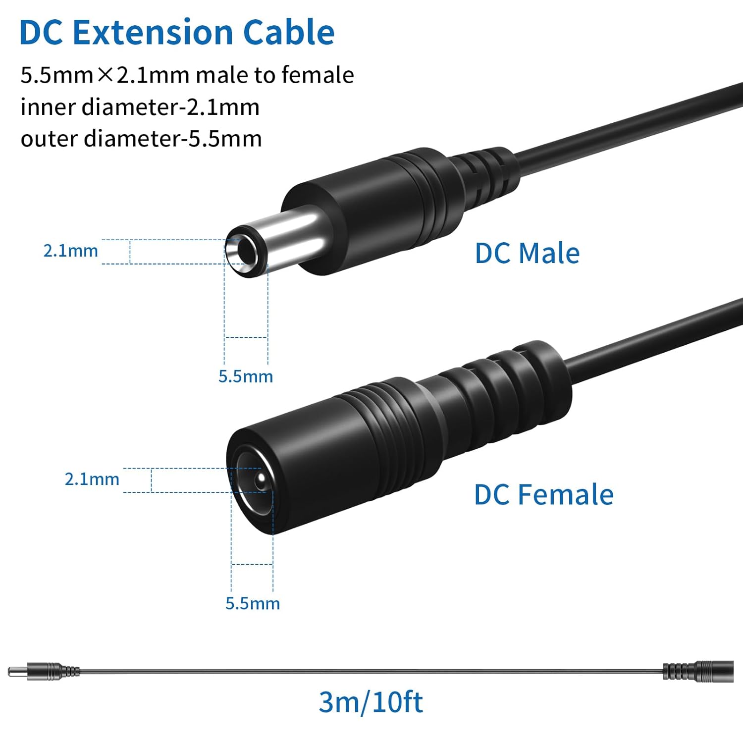 Paquete de 1 cable de extensión CC de 6 pies, cable de alimentación macho a hembra de 0.217 in x 0.083 in para cámaras IP de vigilancia de seguridad