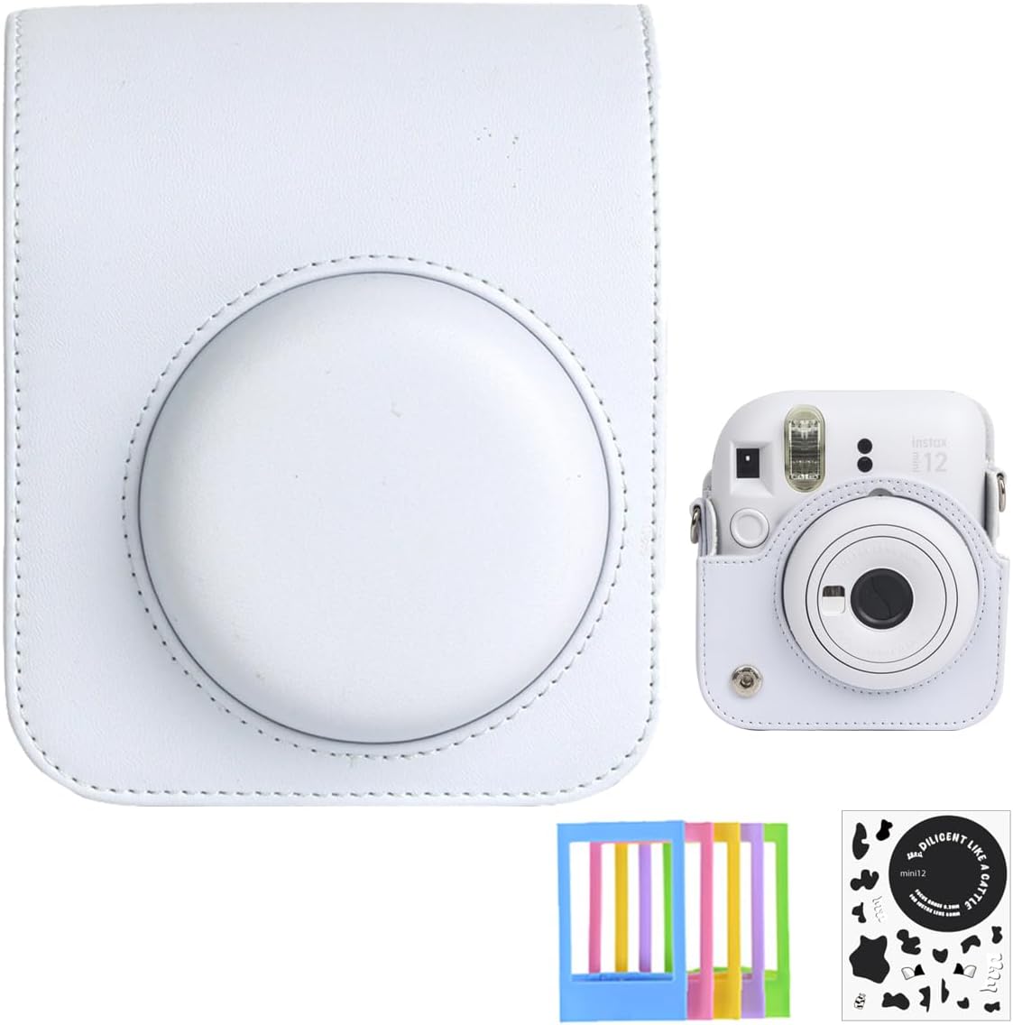 Funda para cámara instantánea Fuji Instax Mini 12 con correa de hombro ajustablemarco de fotos, calcomanía de dibujos animados (blanco arcilla)